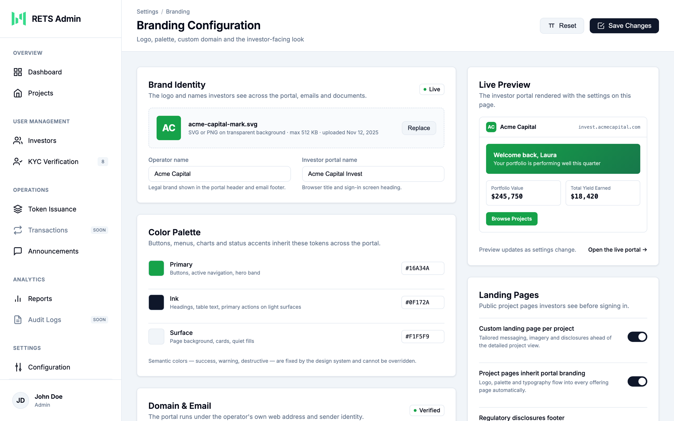 Branding configuration with logo, palette, domain and live preview