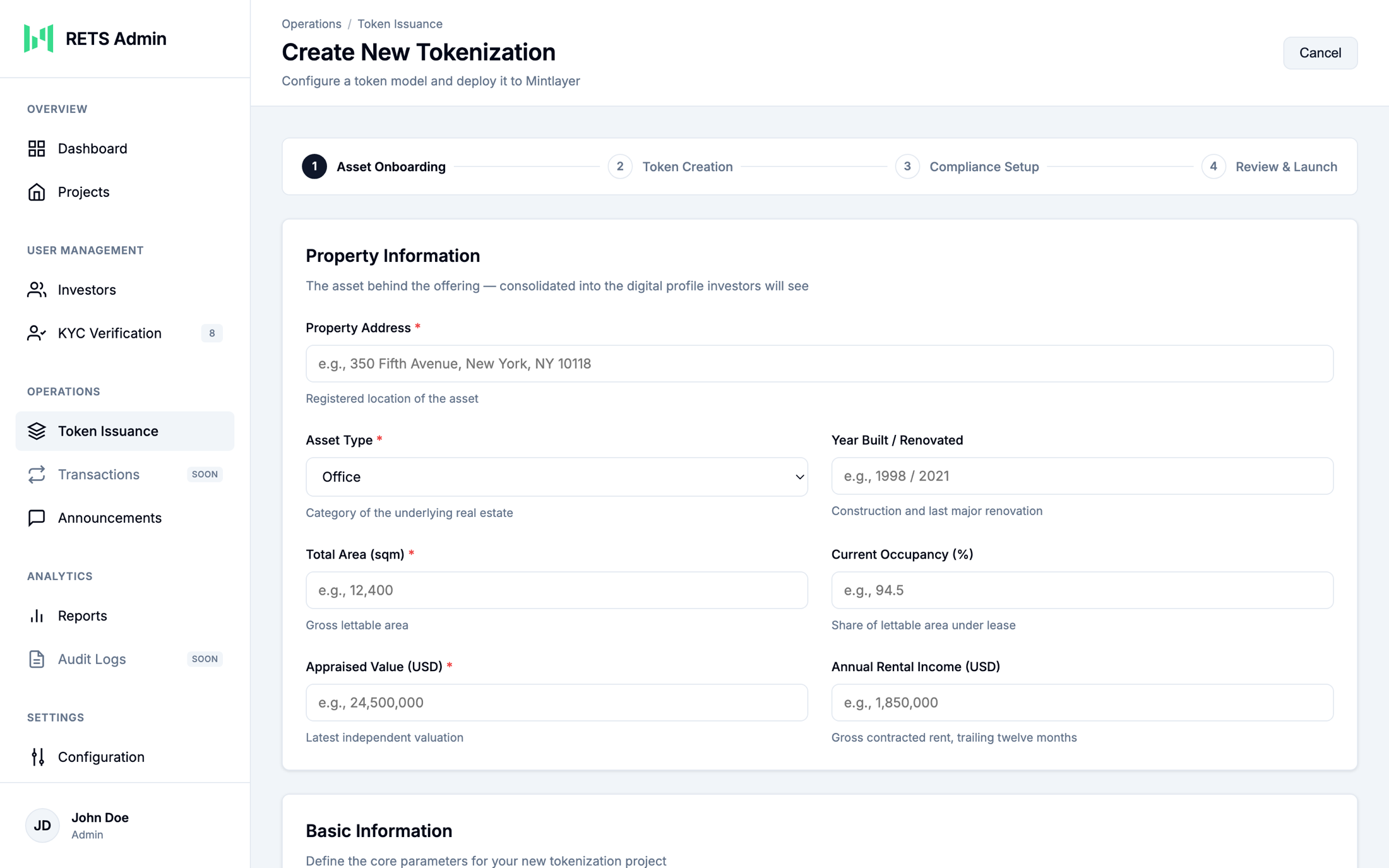 Tokenization creation wizard