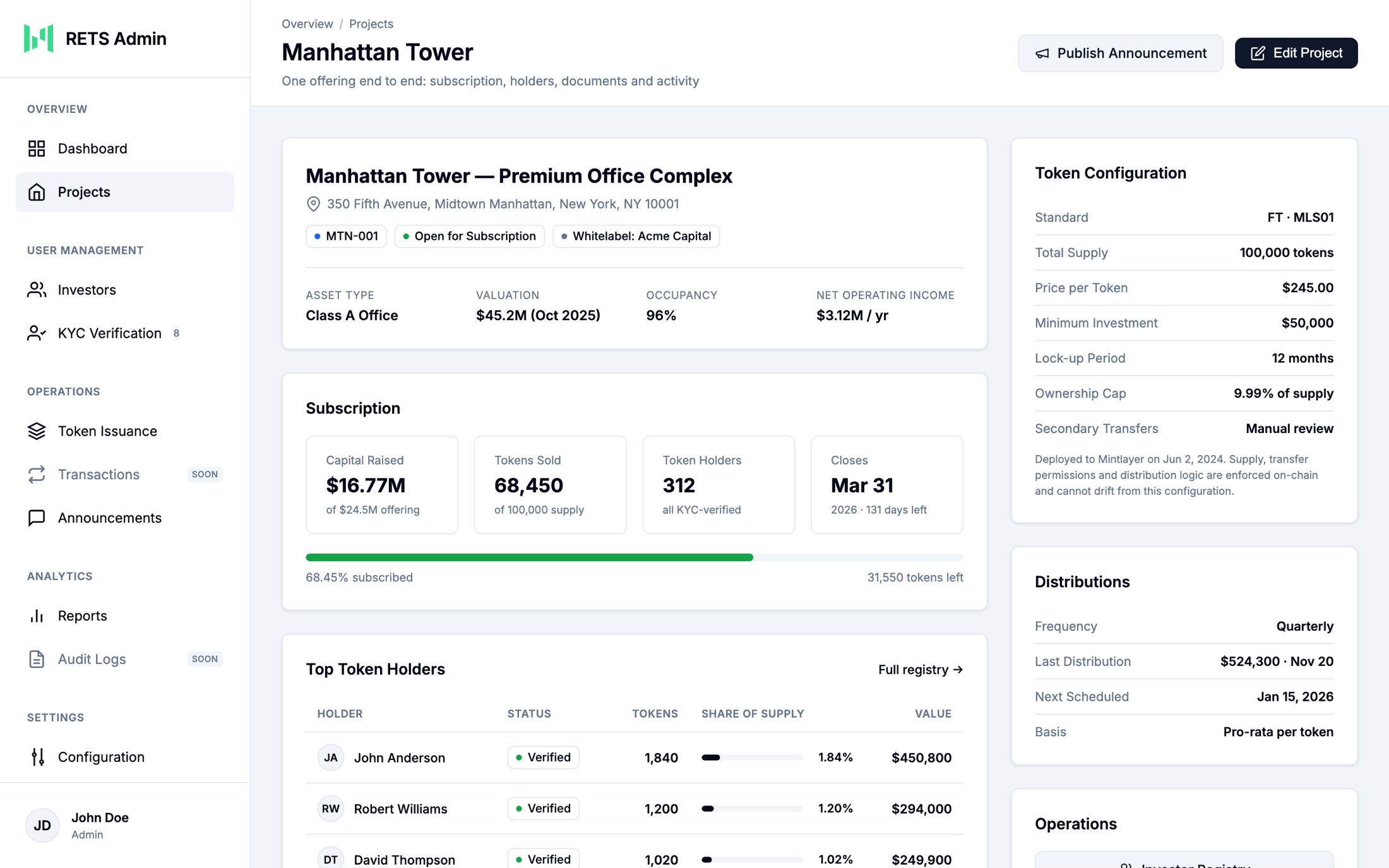 Operator project management view