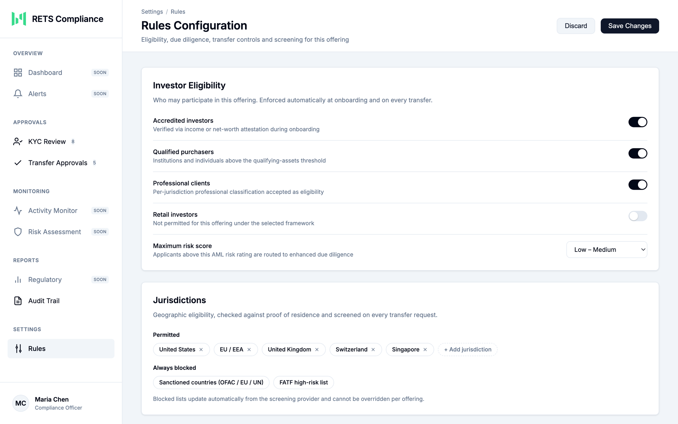 Compliance rules configuration