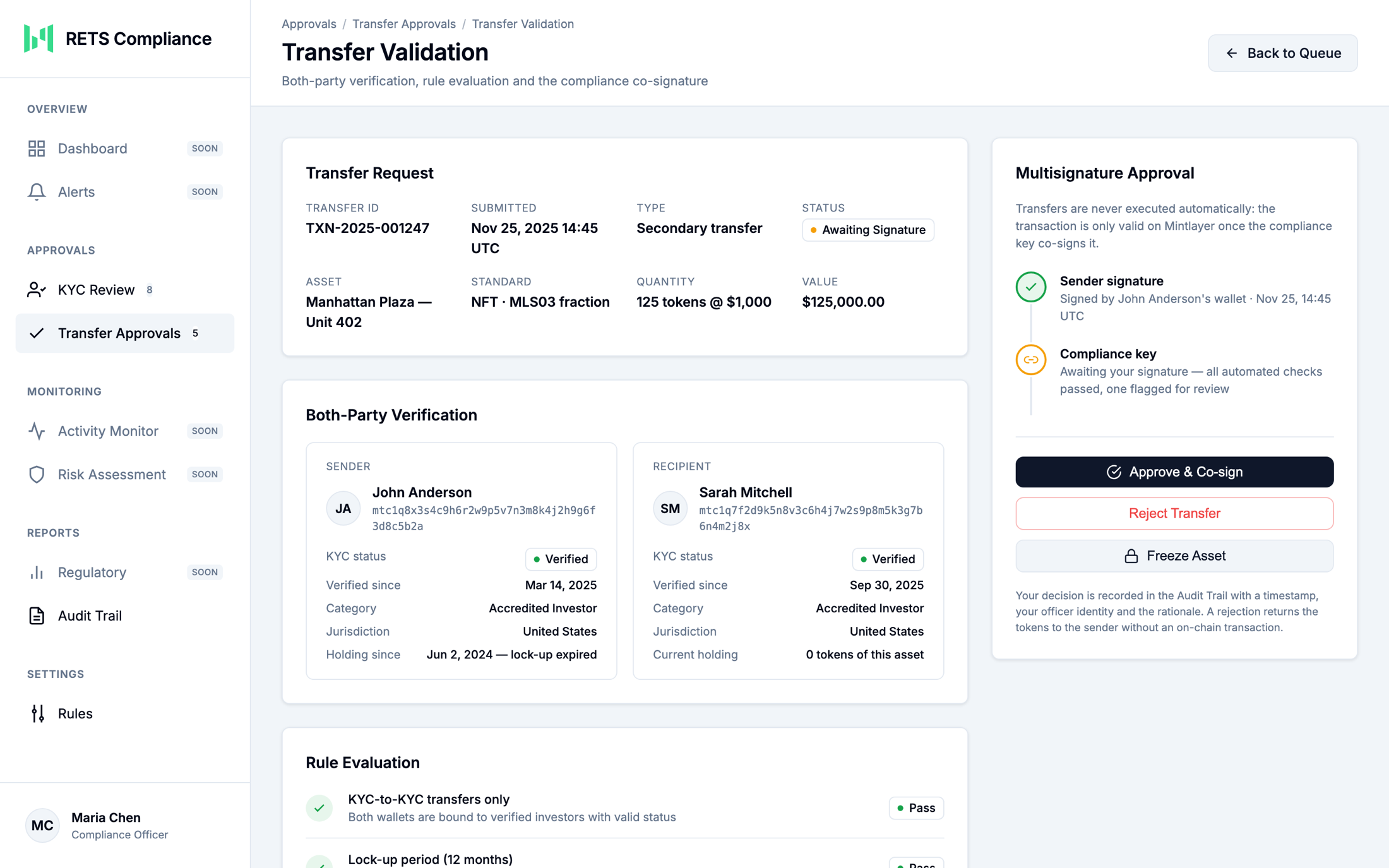 Transfer validation with multisignature approval