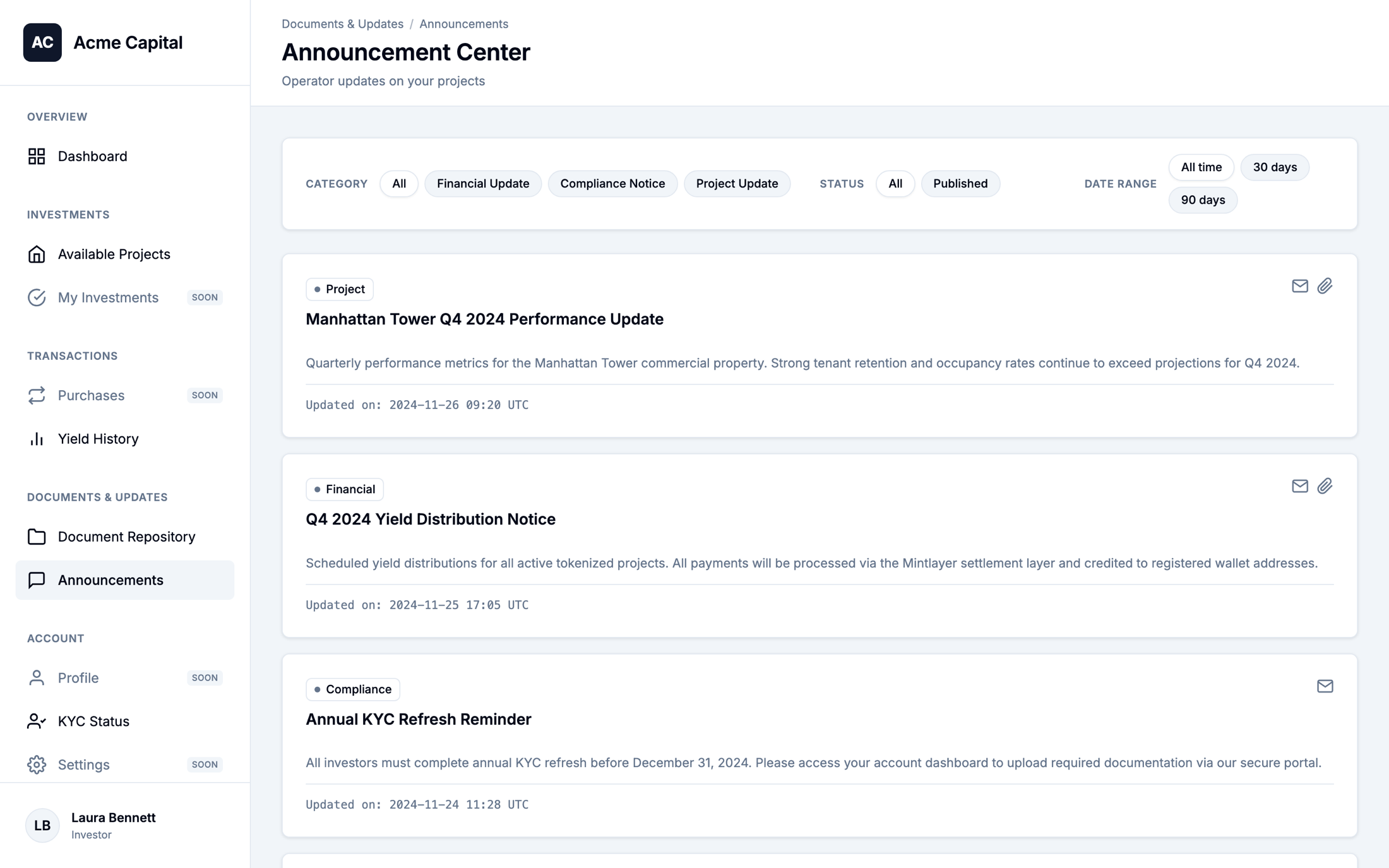 Announcement feed for investors