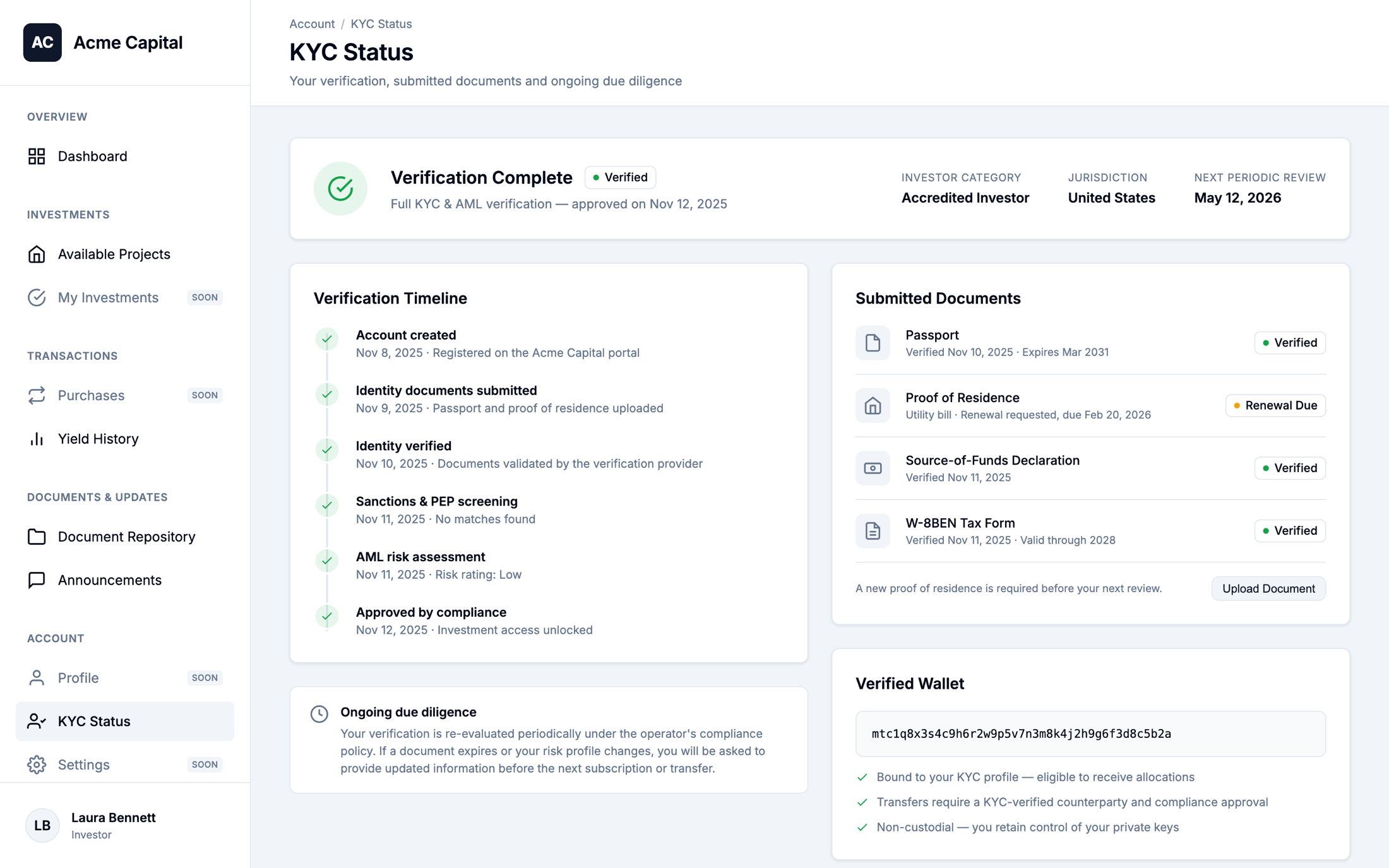 Investor KYC status with verification timeline and documents