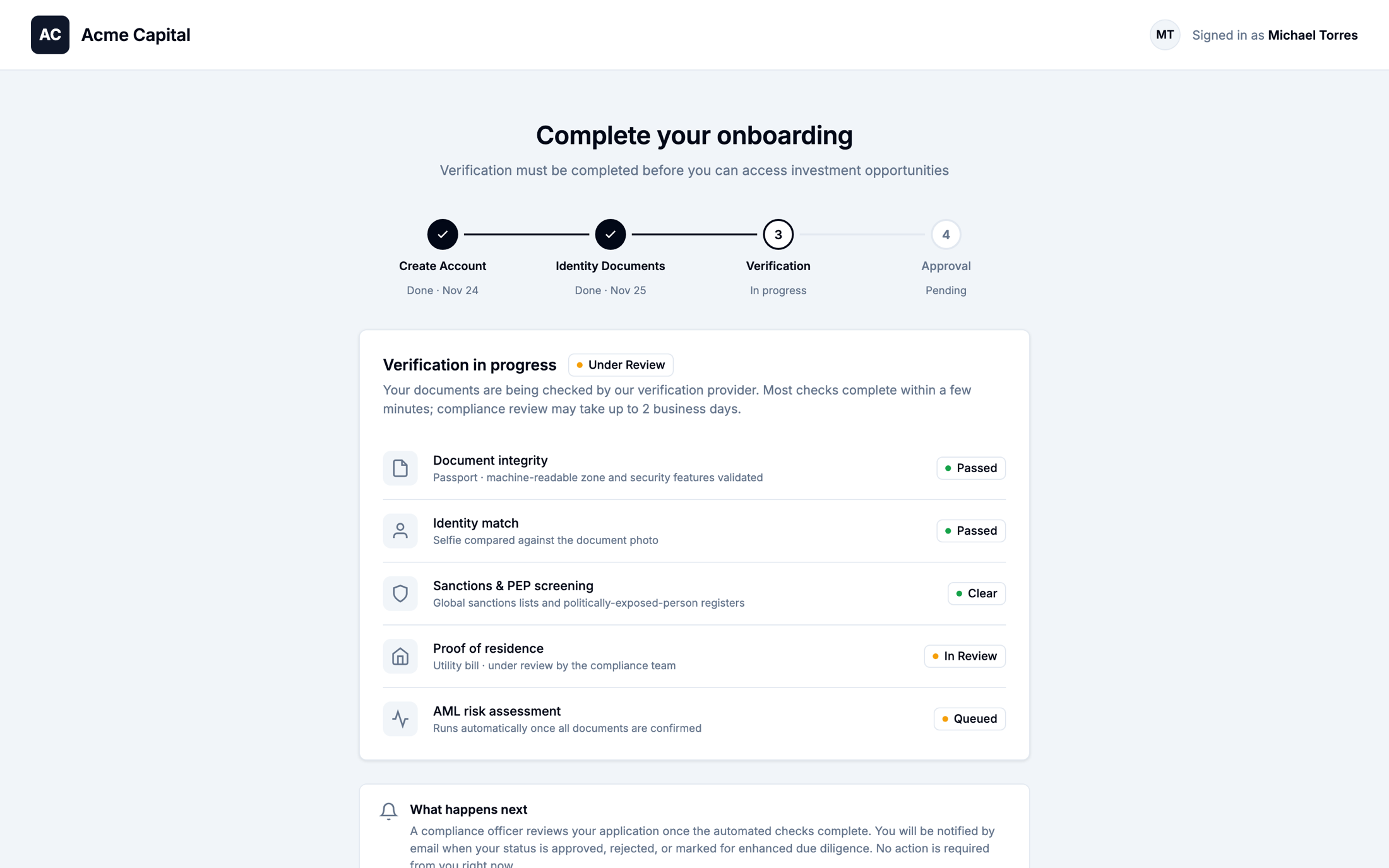 Guided onboarding wizard with KYC verification steps