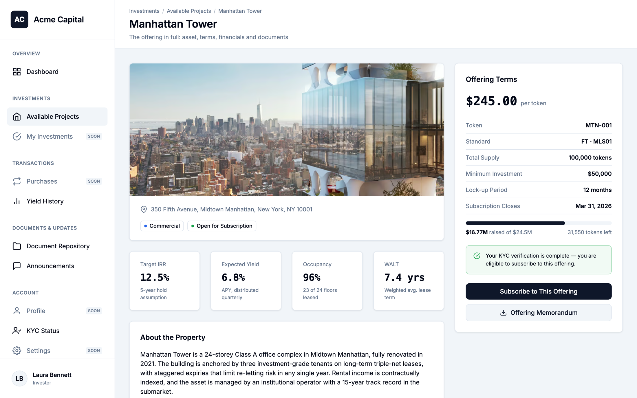 Project overview with terms, financials and anchored documents