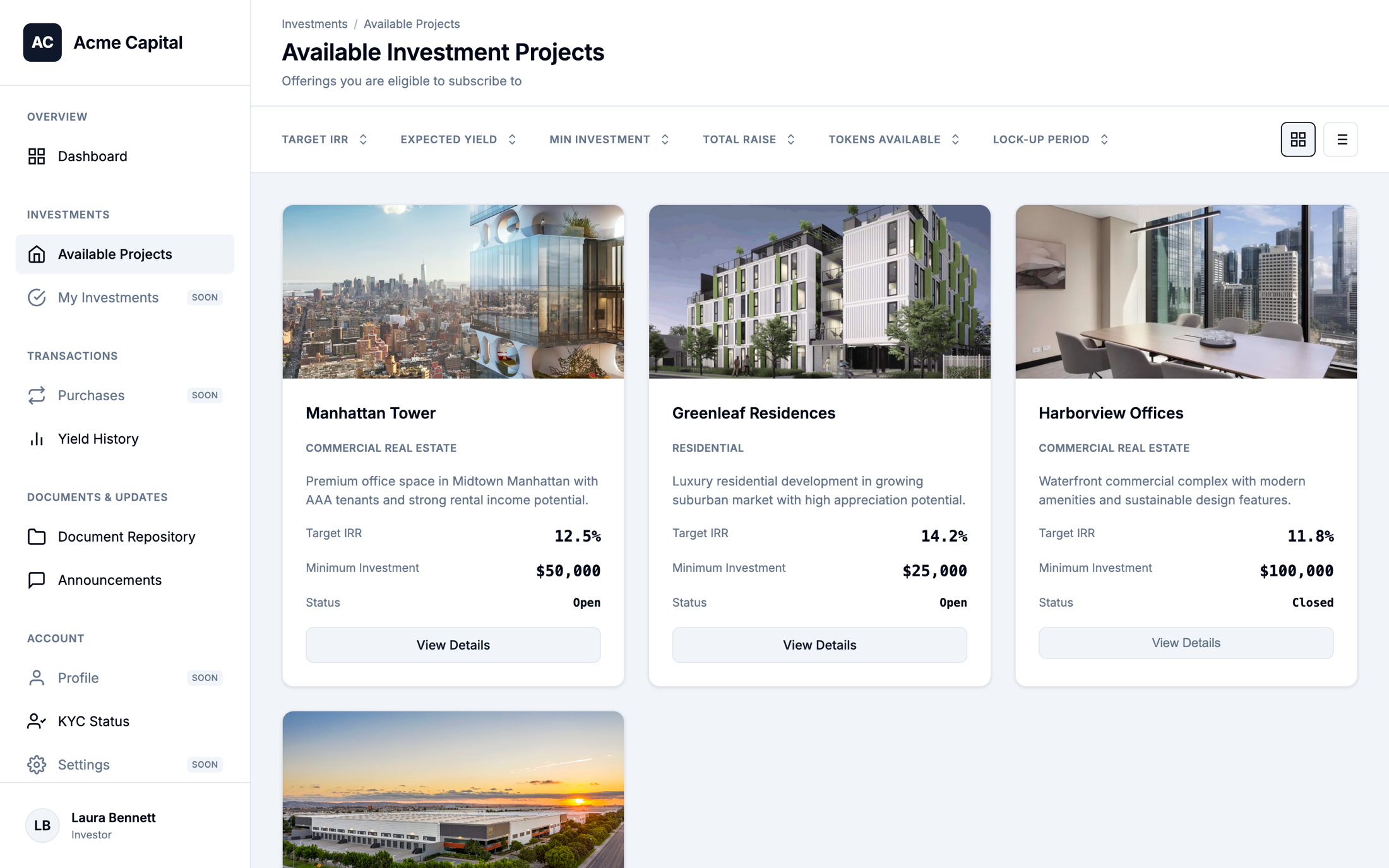Investor portal listing available tokenized real-estate projects