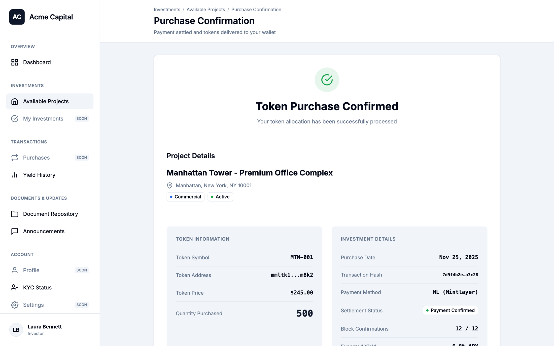 Token purchase confirmation screen