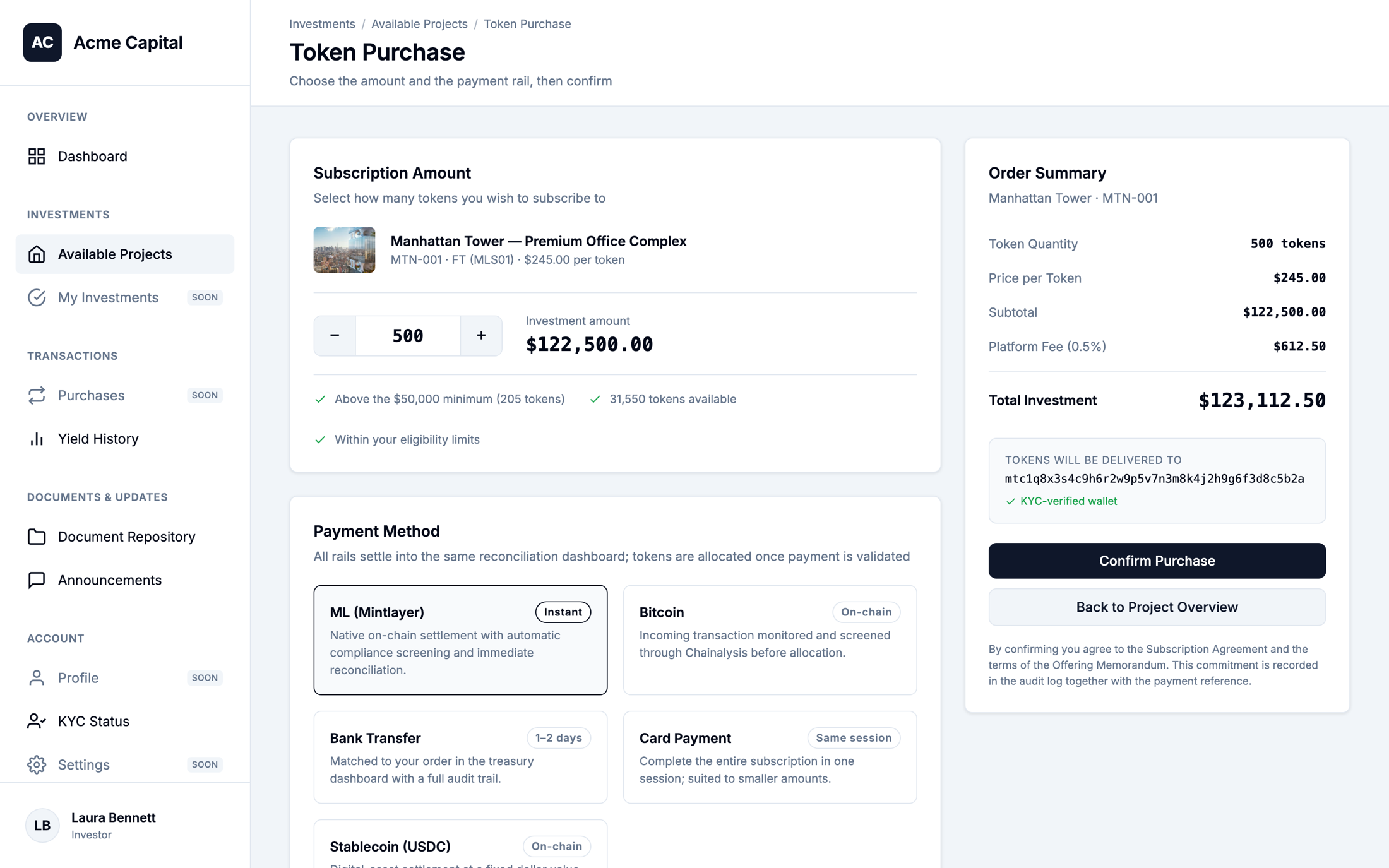 Token purchase checkout with quantity and payment method